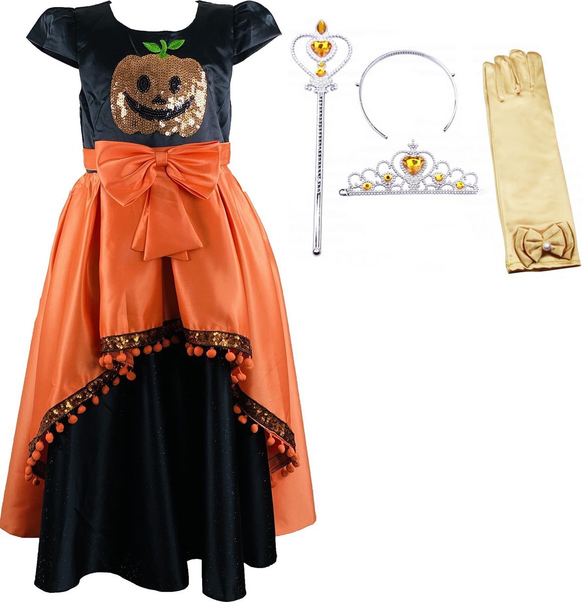 Het Betere Merk Halloween Jurk Zwart Oranje | Halloween Kostuum | maat 116/122 (120)| Verkleedkleren Meisje | Verkleedkleding | Halloween Decoratie | + GRATIS Tiara en Toverstaf