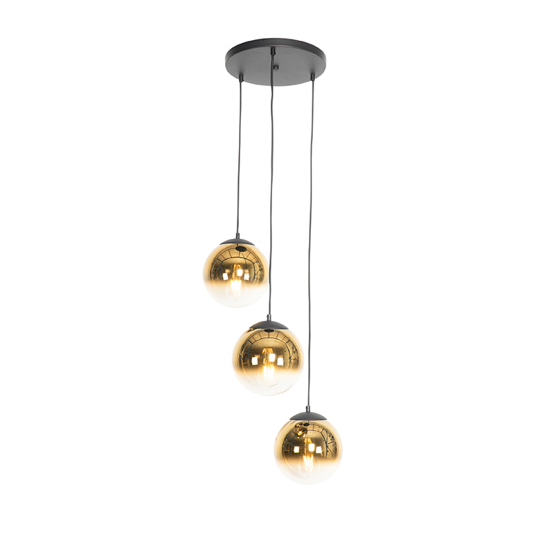 QAZQA Art deco hanglamp zwart met goud glas rond 3-lichts - pallon