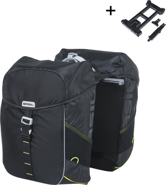 Basil Miles dubbele fietstas MIK, 34L, zwart lime