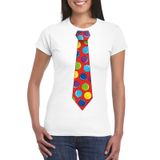 Bellatio Decorations Shoppartners Bv Foute Kerst T-shirt Stropdas met Kerstballen Print Wit Dames XS