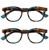 Opulize Ava 2 Stuks Vrouwen Dames Bruine Schildpad Turquoise Super Comfortabele Pasvorm Leesbril Scharnieren Met Veer RR62-Q +3,00