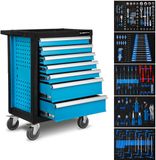 EBERTH Werkplaatswagen, 167-delig uitgerust, 7 lades, waarvan 5 gevuld met gereedschap, dubbelwandige gereedschapswagen van staal, blauw gepoedercoat, zwenkwielen, remmen, ergonomische handgrepen