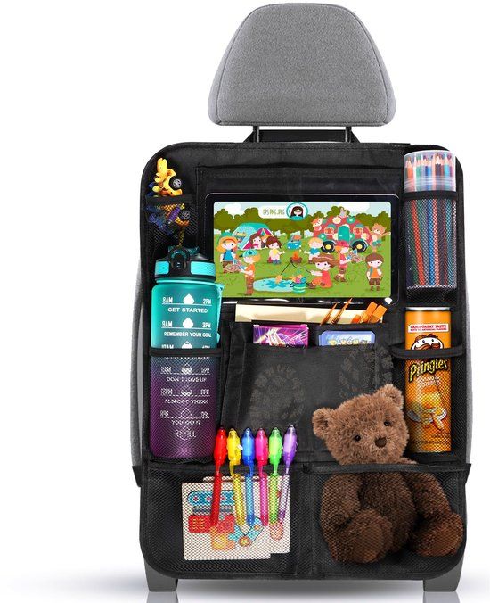 Diboniur Auto Rugleuningbeschermer voor Kinderen - Auto Organizer voor Kinderen met 10 Vakken, Autostoel Organizer voor iPad Tablets tot 10,5 inch, Veel Opbergruimte (Dikkere Versie), Zwart