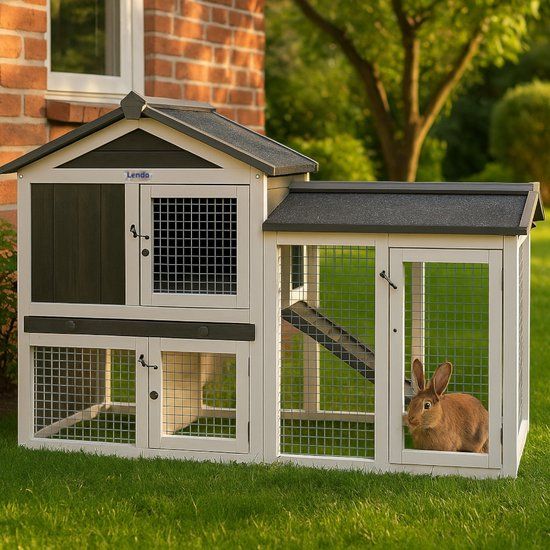 Lendo Online Konijnenhok van geïmpregneerd vurenhout - 145x45x85cm - grijs - kleine dieren - cavia kooi van hout - konijnenkooi - dierenverblijf - binnen en buiten - Asfalt dak - Weersbestendig