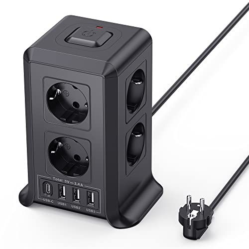 2 M Tower Stekkerdoos, USB-stekkerdoos, 8 AC-stopcontacten en 4 USB-stekkers, Verlengsnoer, overspanningsbeveiliging, verticale stekkerdoos met schakelaar voor tafel, kantoor, huis, zwart
