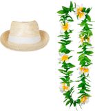 Merkloos / Sans marque Carnaval verkleed set - Tropische Hawaii party - Ibiza strohoedje - en bloemenkrans groen/wit - voor volwassenen