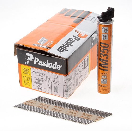 Paslode 34&#176; Papier Gebonden Stripnagels IM350 | D-Kop | 2,8x63 mm | Inox A2 | Ring | +1x Gas VE=1100 - 141261