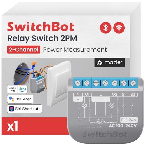 SwitchBot Wifi-schakelaar, 2PM compatibel met Alexa/Apple Home/Google Home, vermogenmeter relaisschakelmodule met geïntegreerde bluetooth-repeater en droog contact, wifi 2,4 GHz, 16 A