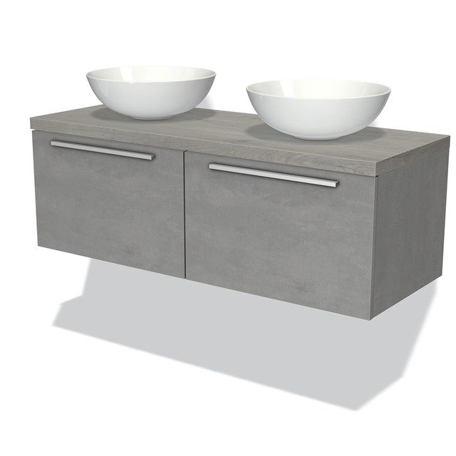 Maxaro Badkamermeubel voor Waskom 120cm Modulo Plato Lichtgrijs Beton 2 Lades Vlak Grijs Eiken Blad