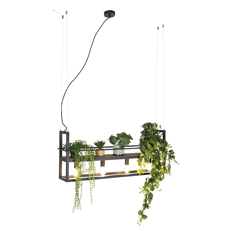 QAZQA IndustriÃ«le hanglamp zwart met hout en rek 4-lichts - Cage Rack