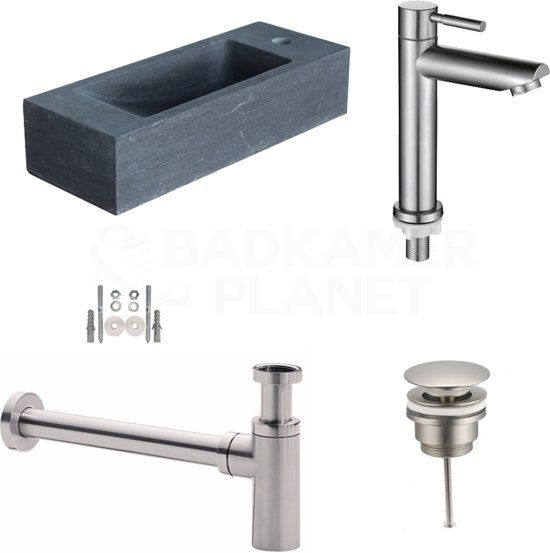 Badkamerplanet Natuursteen Fonteinset Siena - 17x45x10 cm - Incl. Kraan, Afvoer en Sifon RVS