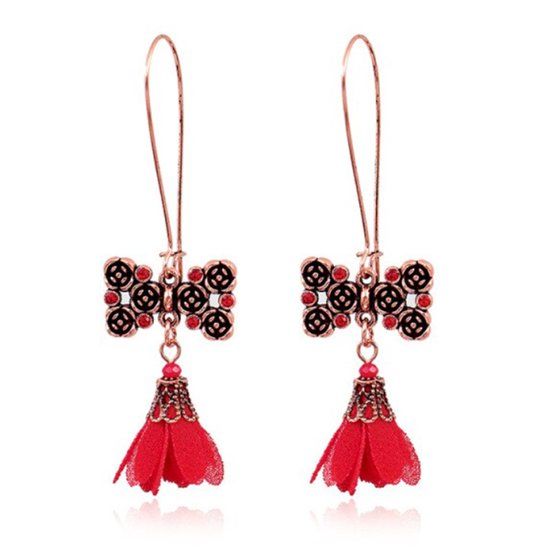 Deja Jewels Lookinggoodtoday Goudkleurige dames oorbellen hangers met rode kwastjes en steentjes