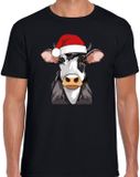 Bellatio Decorations T-shirt voor heren - Koe met kerstmuts - Zwart - Maat L
