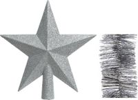 Decoris Kaemingk B.V. Kerstversiering kunststof glitter ster piek 19 cm en folieslingers pakket zilver