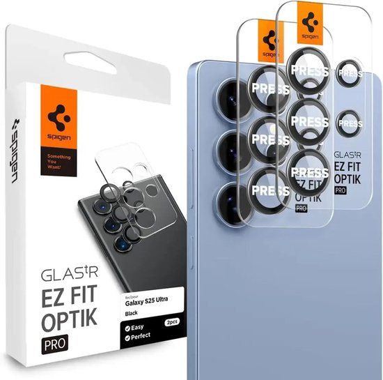 Spigen Camera Lens Protector Geschikt voor Samsung Galaxy S25 Ultra - Glas.tR EZ Fit Optik Pro - 9H Tempered Glass - Gemakkelijke Installatie - Zwart 2-Pack