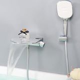 Unyqoos® Robinet de salle de bain avec bec cascade large et douchette, chromé, laiton – Robinet mélangeur à levier unique pour salles de bain modernes