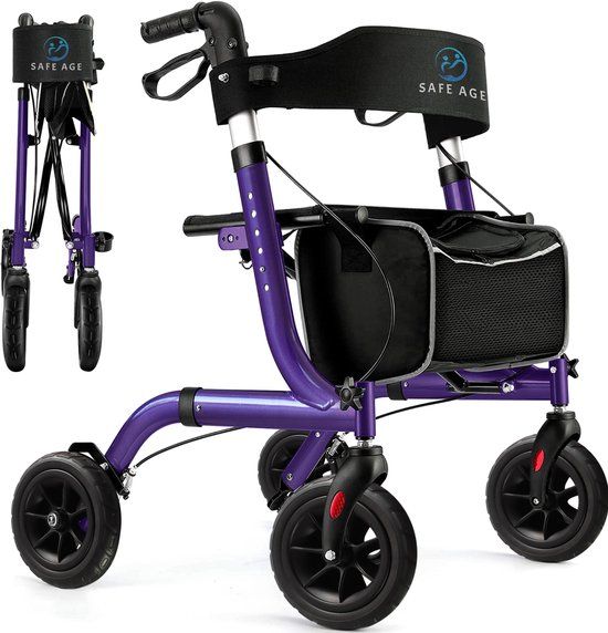 Safe Age Rollator lichtgewicht en opvouwbaar - Rubberen wielen - zitfunctie - voor binnen en buiten - Rugleuning en wandelstok houder - Paars