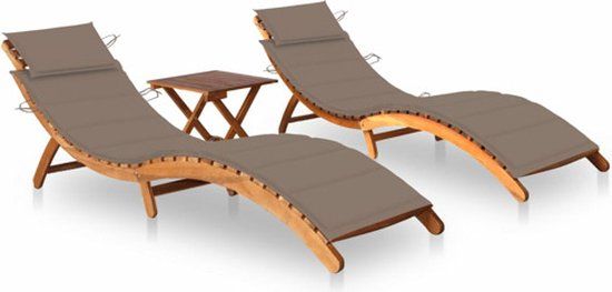 vidaXL Ligbedden - 2 stuks - met tafel en kussens - massief acaciahout