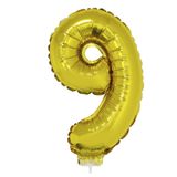 Merkloos / Sans marque Gouden opblaas cijfer ballon - 9 jaar - op stokje - H41 cm - Leeftijd versiering - verjaardag feestartikelen