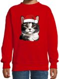Bellatio Decorations Kersttrui / sweater kat/poes - kinderen - grijze kat/poes - rood - kerstmuts - Kerstmis 110/116