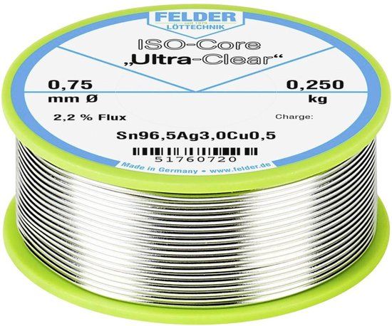 Felder ISO-Core Ultra Clear SAC305 Soldeertin Spoel Sn96,5Ag3Cu0,5 0.250 kg 0.75 mm