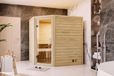 Woodfeeling Sauna Mia (Eckeinstieg), porte entièrement vitrée, verre clair, sans accessoires