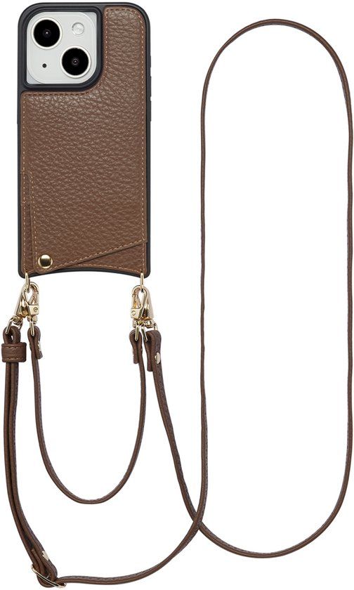 Selencia Hoesje - Geschikt voor Apple iPhone 15 - Backcover met koord en pashouder - Mocha Brown