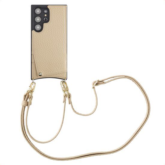 Selencia Hoesje - Geschikt voor Samsung Galaxy S24 Ultra - Backcover met koord en pashouder - Beige