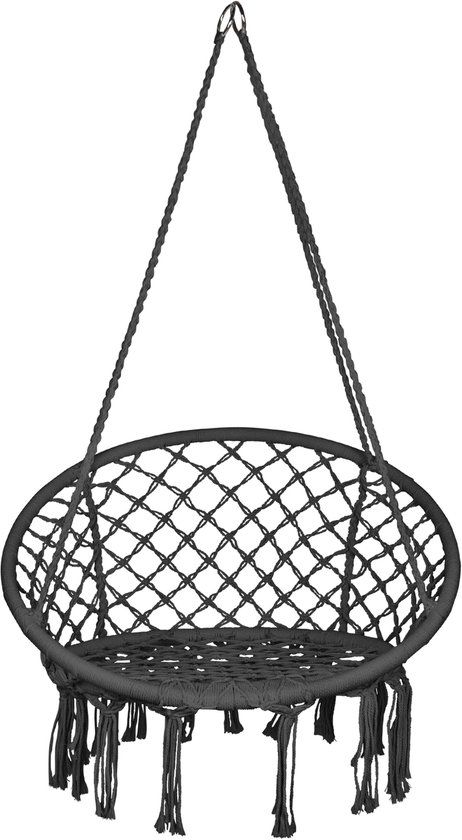 QUVIO Hangstoel voor buiten - Touw met houten stang - 68 x 80 x 115 cm - Max. 150 kg - Voor binnen en tuin - Exclusief kussen - Donkergrijs