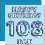 108e verjaardagskaart voor papa - blauwe glitter feestballonnen - gelukkige verjaardagskaarten voor 108 jaar oude vader vader van zoon dochter, 145 mm x 145 mm verjaardag wenskaarten cadeau
