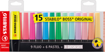 STABILO BOSS ORIGINAL - 15-Piece Deskset - 9 Standard & 6 Pastel Highlighters