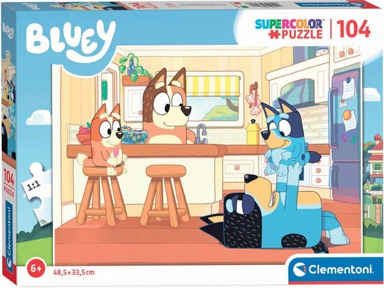 Clementoni - Bluey Supercolor puzzel-Bluey-104 stukjes, kinderen 6 jaar, puzzel cartoondieren, made in Italy, meerkleurig, 27169