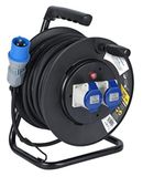 Electraline 49049 rubberen verlengkabel met kabelhaspel, 25 m, 2 IEC-industriële stopcontacten, 3-polige CEE-stekker, zwart/blauw