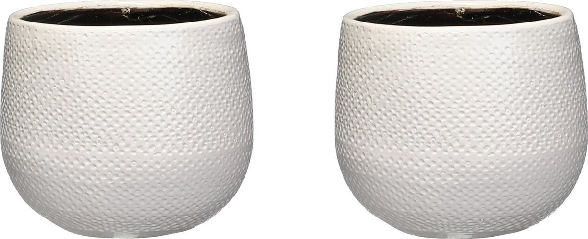 Mica Decorations Set van 2x keramiek bloempotten 14 x 16 cm geribbeld wit