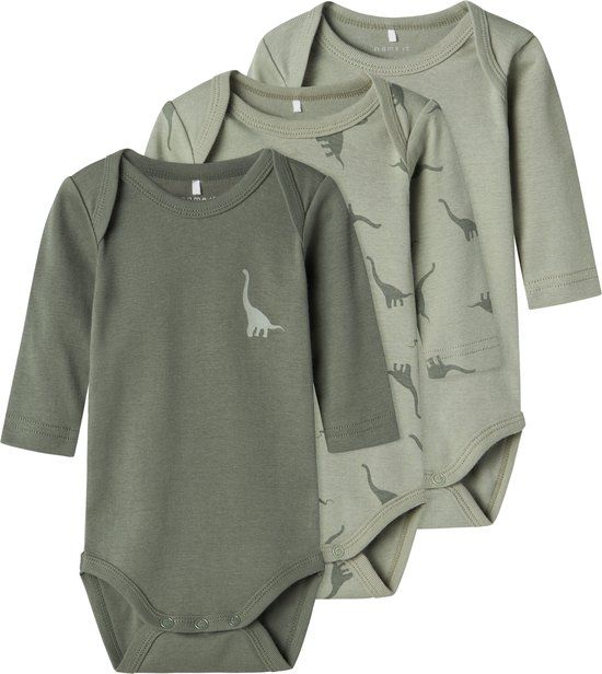 NAME IT NBMBODY 3P LS GREEN DINO NOOS Baby Romper - Maat 56 - Groen - Set van 3