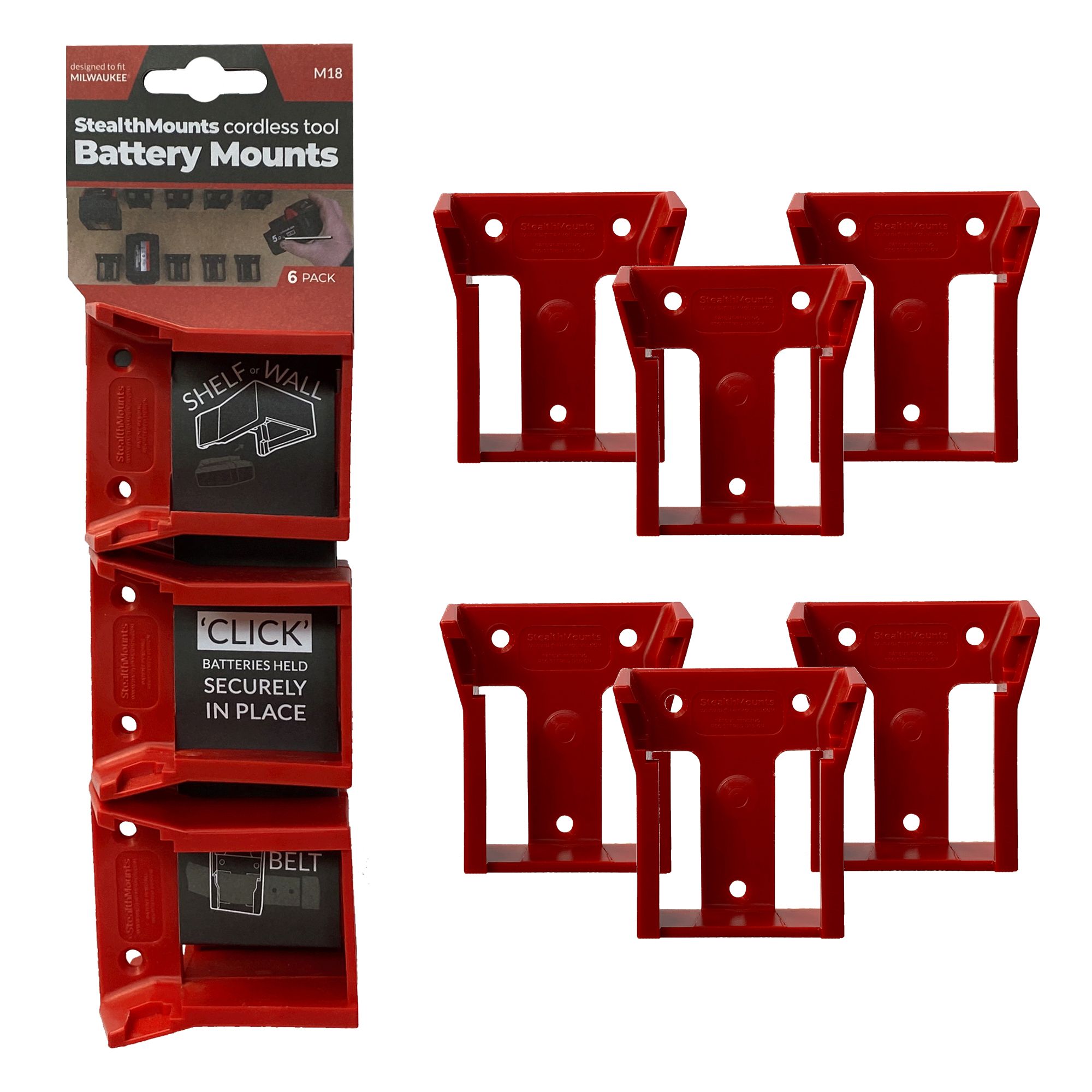 StealthMounts BM-MW18-RED-6 Accuhouder Voor Milwaukee M18 - Rood - 6 stuks