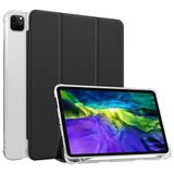 HUEZOE Hoes compatibel met iPad Pro 11 inch, model 2021/2020/2018, zachte TPU transparante achterkant klapstandaard beschermhoes met penhouder, auto slapen/waken, zwart