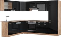 Vicco Hoekkeuken R-Line, Zwart hoogglans/Goudkleurig Eiken, 287 x 227 cm zonder werkblad