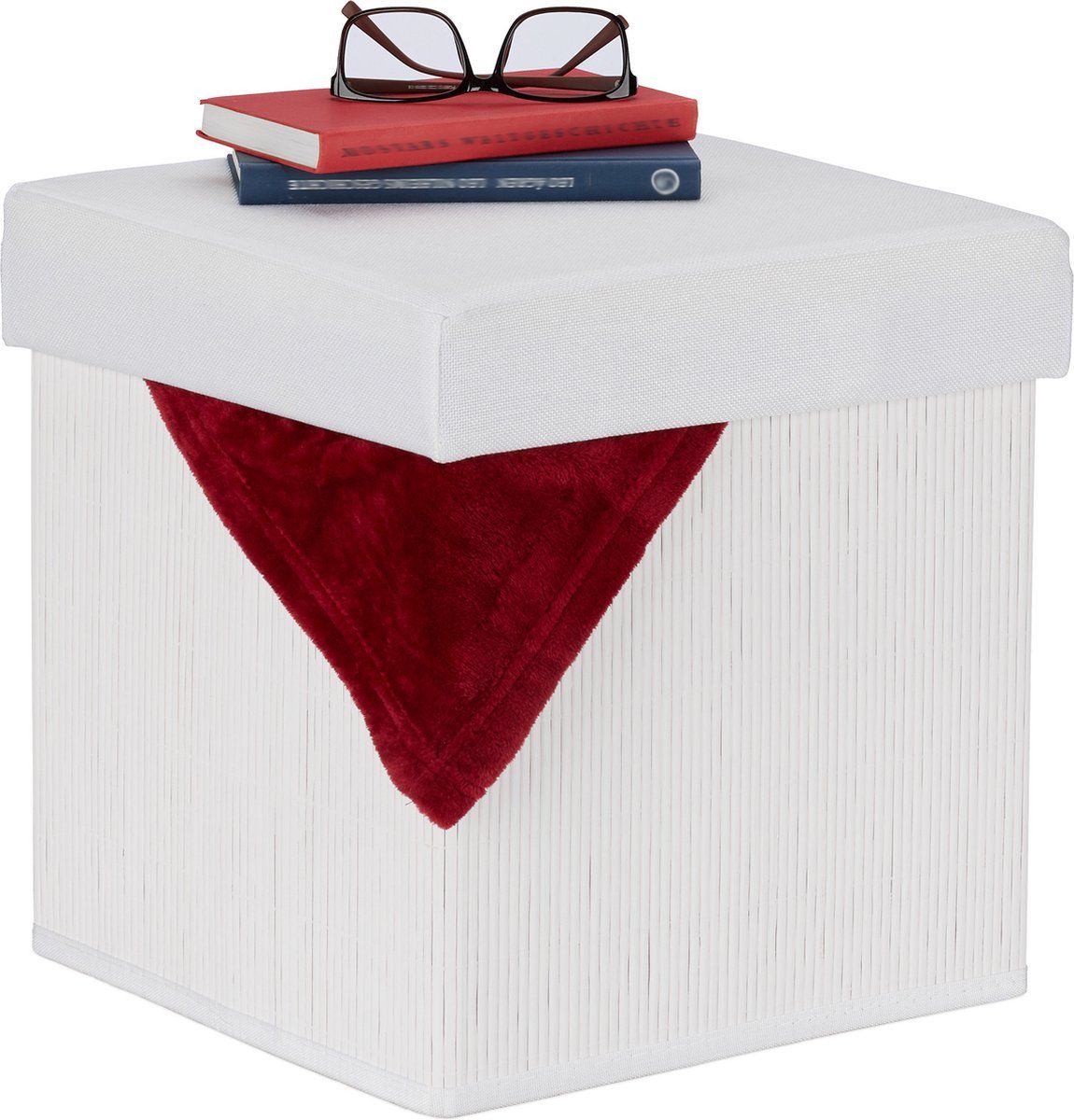 Relaxdays Opbergpoef - Opvouwbaar - Wit - Bamboe - 35x35x35 cm