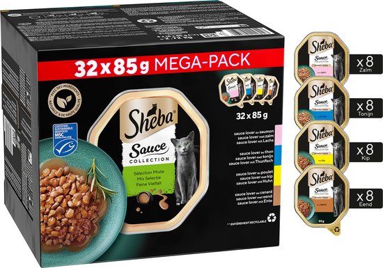 Sheba Kattenvoer Sauce Collection - Mix Selectie in Saus - Kuipjes 32 x 85g Voordeelverpakking