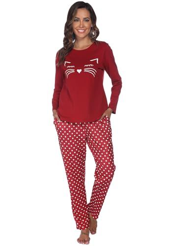 Reliwel Pyjama voor dames, katoen, bedrukt, loungewear, T-shirt met lange mouwen, borstzak en pyjamabroek, ronde hals, knuffelige pyjamaset, L