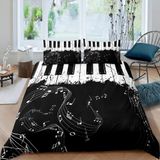 Literie avec motif piano, impression notes, 3 pièces, double, noir et blanc