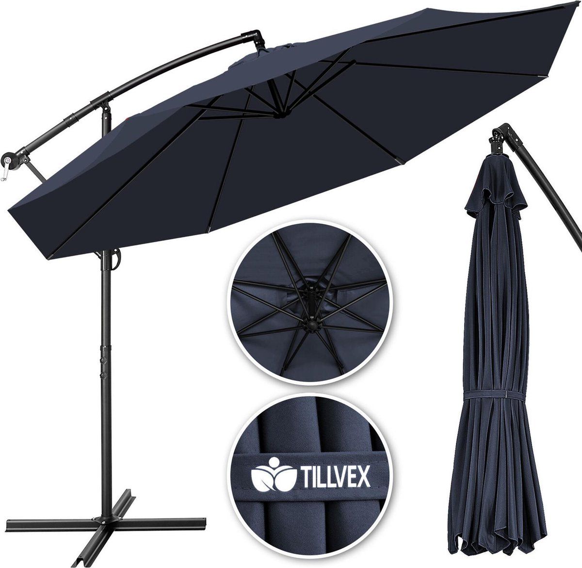 Tillvex Parasol Ø 3m donkerblauw | zweefparasol | hangparasol | vrijhangende parasol | tuinparasol | slinger | balkon | aluminium | kantelbaar