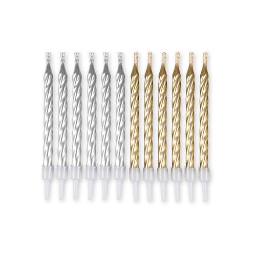 Homéa, Set van 12 magische verjaardagskaarsen + houder, hoogte 6 cm, zilver en goud
