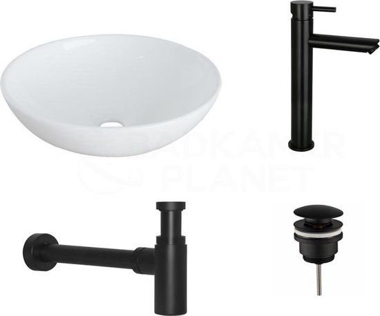 Sani Royal Keramische Waskomset Baventura Mat Zwart Opbouwkraan 41x41x12 cm