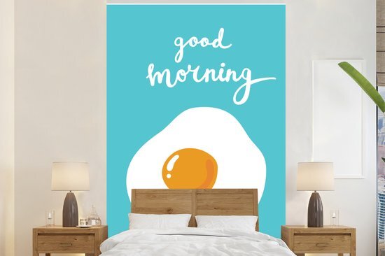 Nr1Wallpaper Behang - Fotobehang Illustratie met de quote Good morning en een gebakken ei - Breedte 145 cm x hoogte 220 cm