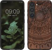 kwmobile telefoonhoesje geschikt voor Samsung Galaxy S23 - Houten hoesje met bumper - Donkerbruin Indian Sun design