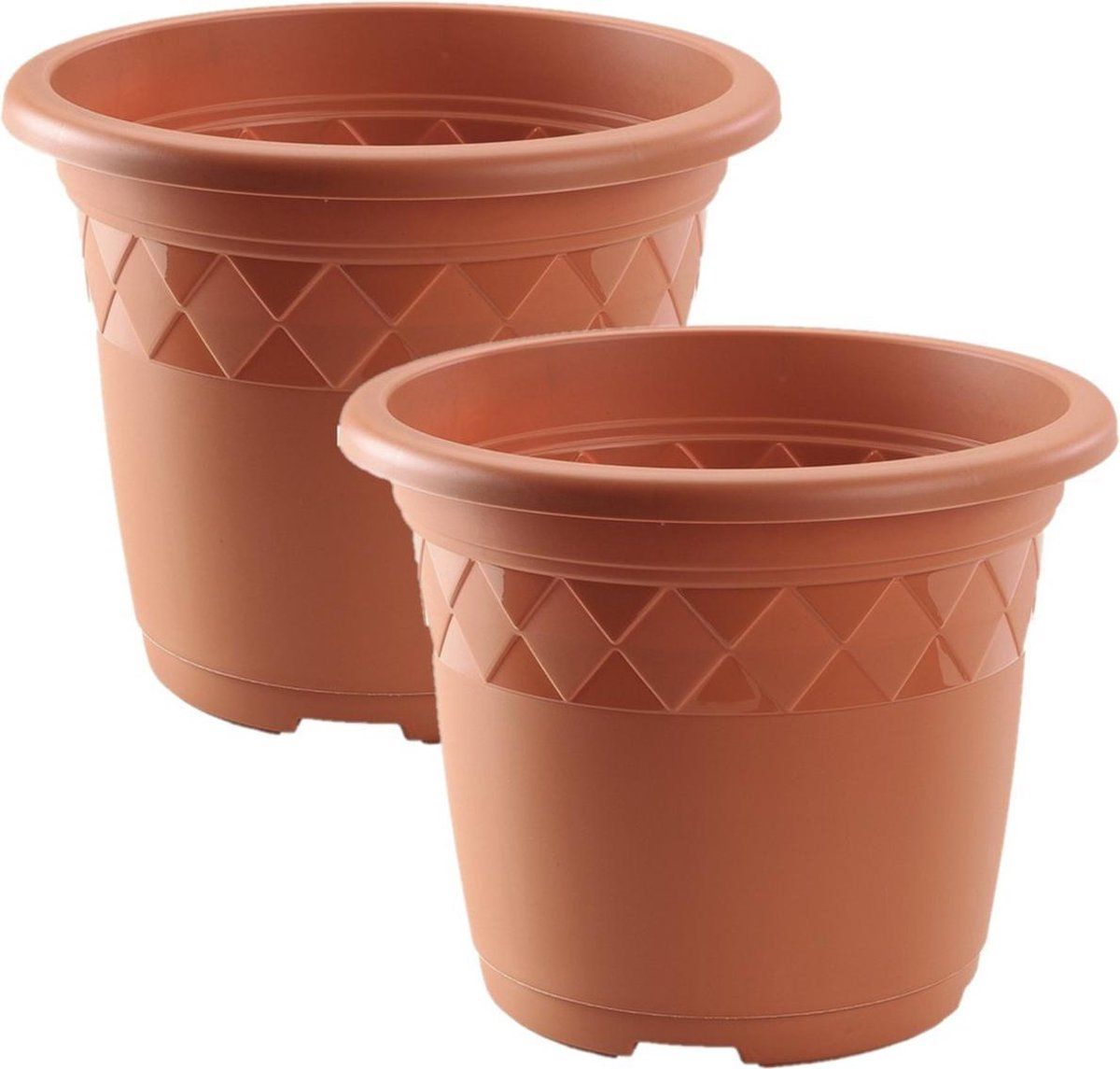 Hega hogar Set van 2x bloempot/plantenpot terra cotta rond kunststof 30 cm - Buiten