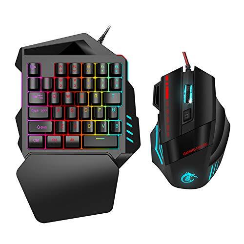 Dilwe1 Gamingtoetsenbord Muiscombo, LED-kleurverlichting Eenhandig gamingtoetsenbord Verstelbaar 1000/1600/2400/3200/5500 DPI Bedrade muis Ergonomische pc-gamerset voor Win 2000/XP/ME/7/8/Android