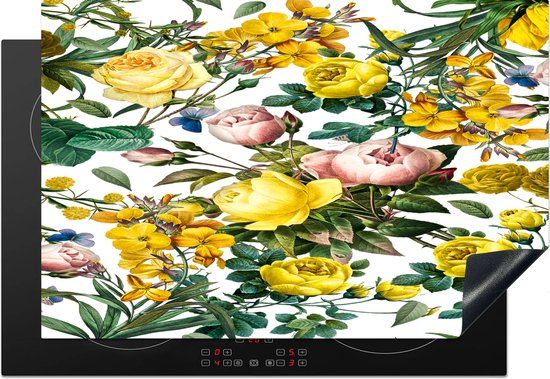 KitchenYeah® Inductie beschermer 77x51 cm - Bloemen - Geel - Wit